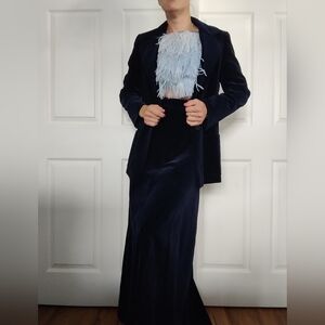 Jaeger Velvet Blue Skirt Jacket Top Three Piece Suit Set